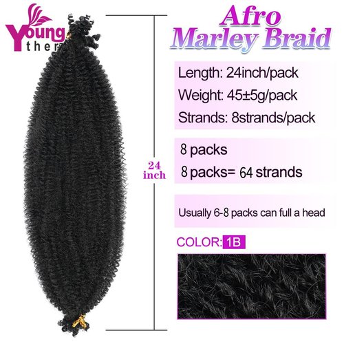 Pre-Separated Springy Afro Twist Hair 24 Inch Long 8 Packs Soft Afro Springy Twist Crochet Hair for Distressed Butterfly Locs Synthetic Marley Twist Braiding Hair Extensions for Black Women (1B#)
