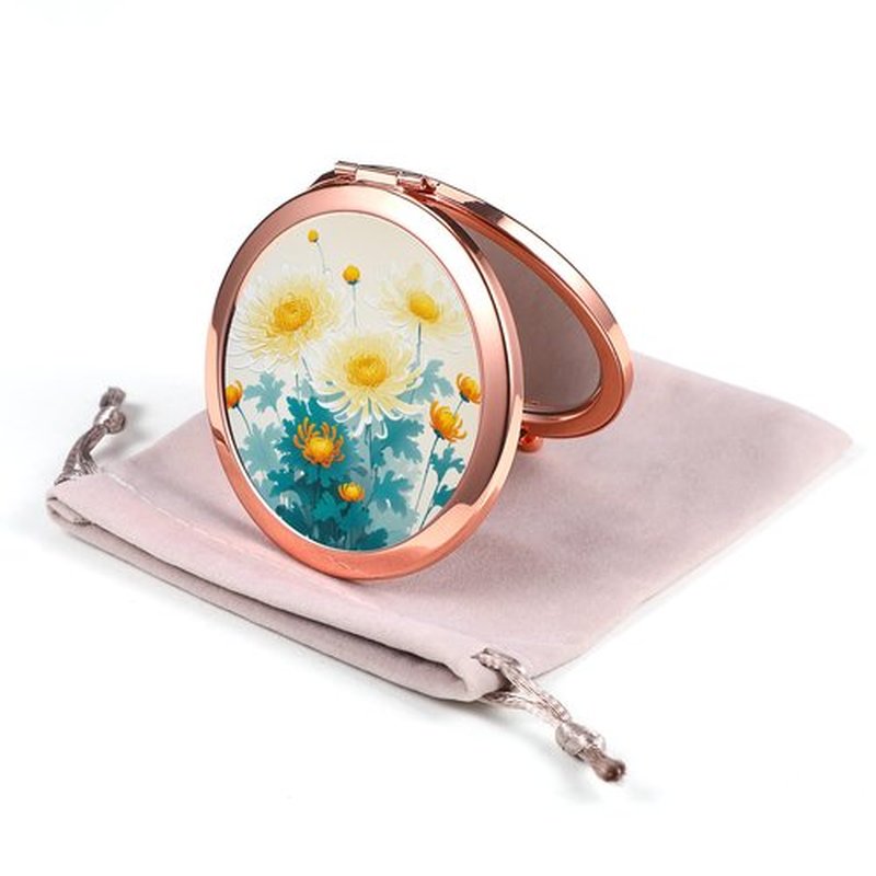 Dynippy Compact Mirror Rose Gold Makeup Mirror Folding Mini Pocket Mirror Portable Hand Mirror Double-Sided 2 x 1x Magnification for Woman Girls (Lovely Chrysanthemum Pattern)