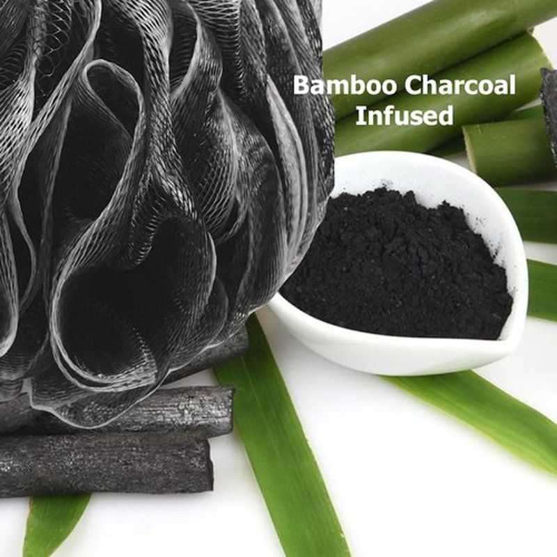 SHOWER BOUQUET Loofah-Charcoal Bath-Sponge-Blue-Green XL-75g Extra Large 4 Pack, Soft Mesh Color & Black Set, Loufa Puff - Exfoliating Body Scrubber for Women and Men: Soothing Exfoliator
