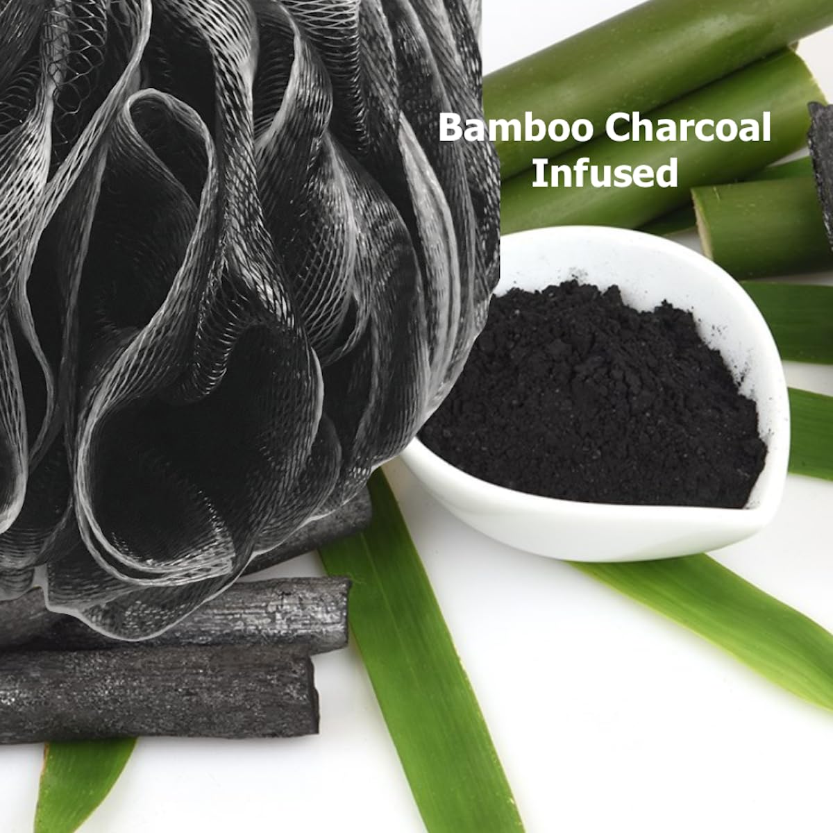 SHOWER BOUQUET Loofah-Charcoal Bath-Sponge-Color-Set XL-75g Extra Large 4 Pack, Soft Mesh Black Loufa Puff - Exfoliating Body Scrubber for Women and Men: Soothing Face & Body Exfoliator