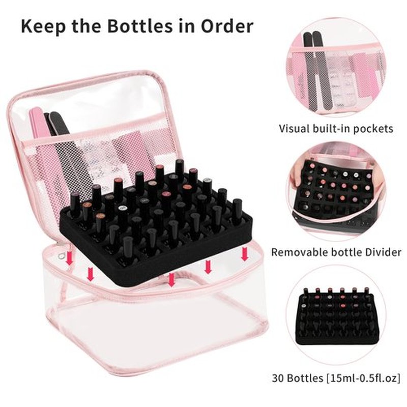 Beloving Clear Nail Polish Organizer Holds 30 Bottles PVC Nail Polish Case See-Through Nail Supplies with Manicure Tools Storage Sections, Portable Travel Nail Tech Carrying Bag for Storage Display