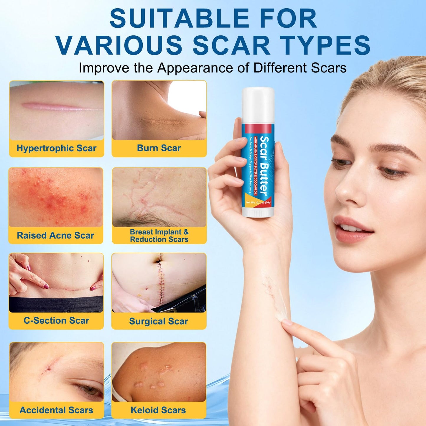 Scar Butter Stick for Scars, Cocoa Butter Stick with Vitamin E, Scars Repair Cream with 5 in 1 Smoothing Formula to Improves Texture & Discoloration, Non-Greasy