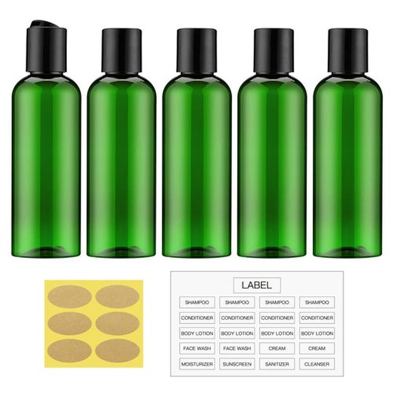 owlyee 3.4 oz Travel Bottles for Toiletries, Empty Travel Size Containers Tsa Approved, 5PCS Small Plastic Shampoo Bottles with Labels (100ml, Green)