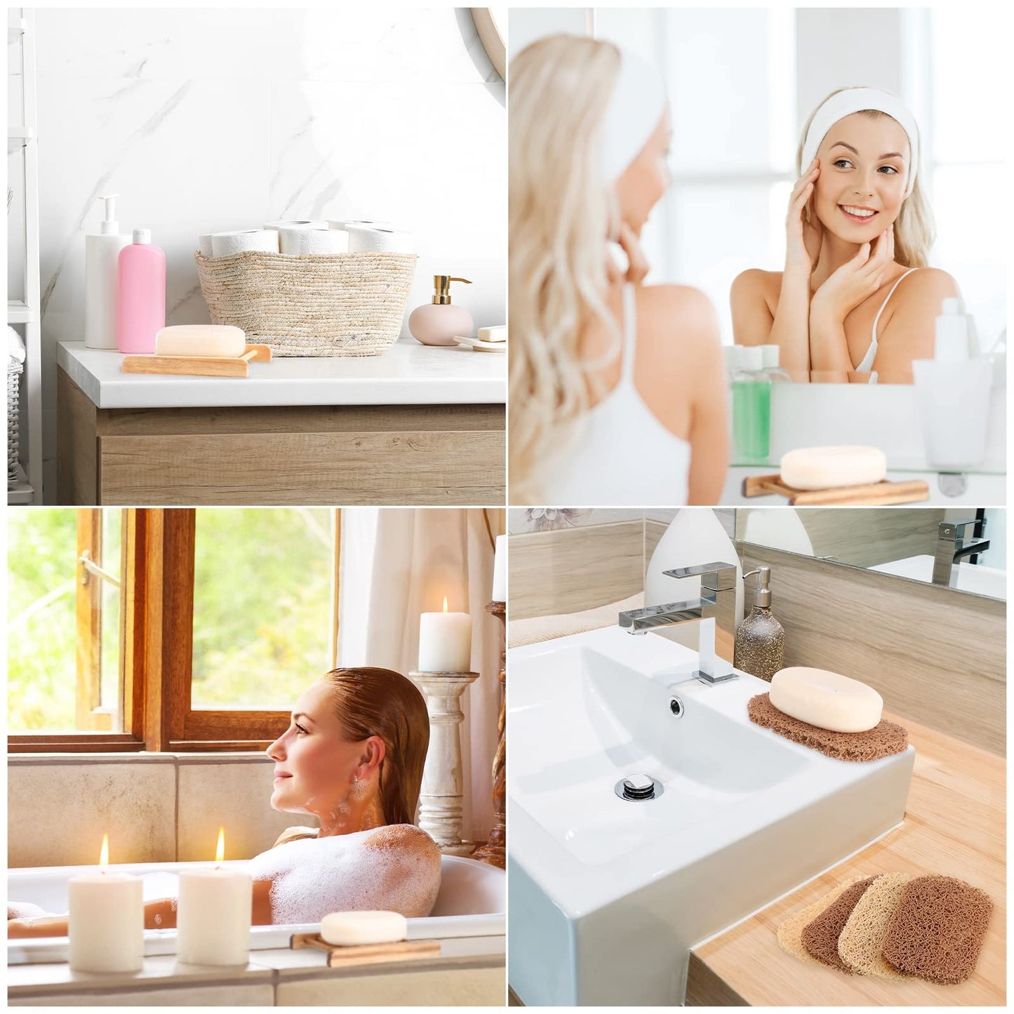 60 Pcs Soap Saver Set Including Wooden Dish, Exfoliating Bag, Saver Pads Bulk with Self Drain, Bar Soap Holder Mesh Bag for Shower Bath Home Toilet Kitchen Hotel Restaurant