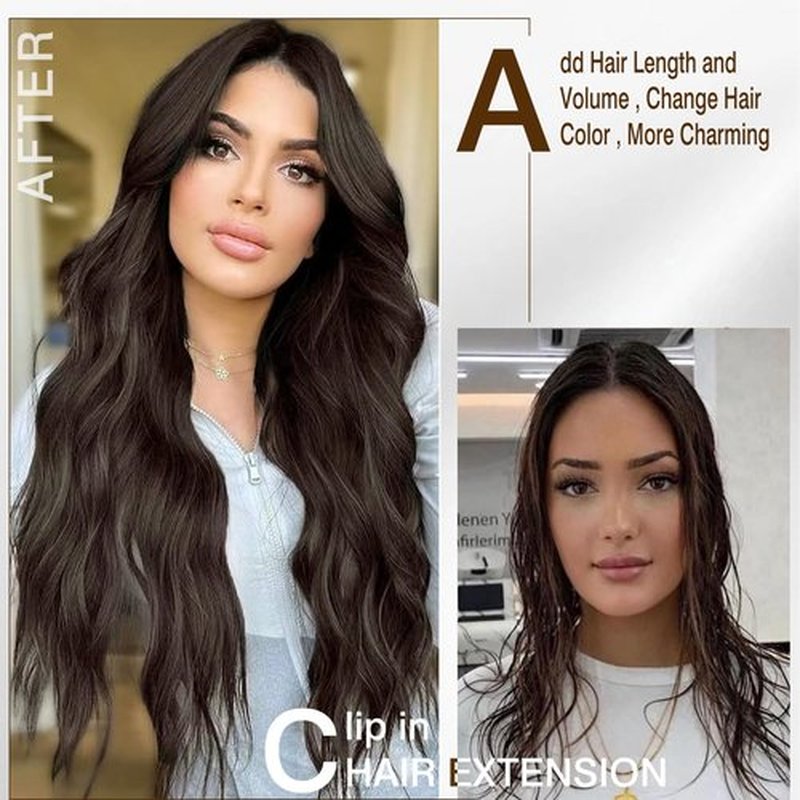 Hair Extensions 4PCS Clip In Hair Extensions Long Wavy Brown Black Hair Extensions Thick Full Head & Smooth Synthetic Hairpieces for Women