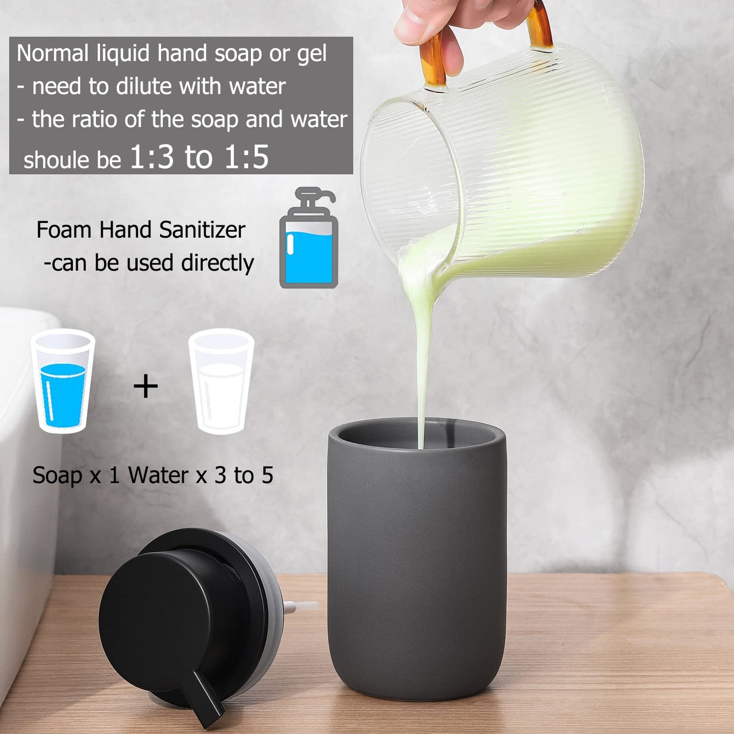 rejomiik Foaming Soap Dispenser Thick Ceramic Foam Hand Soap Dispenser for Bathroom or Kitchen Sink, Liquid Pump Bottles for Hand soap, Body Wash, Grey