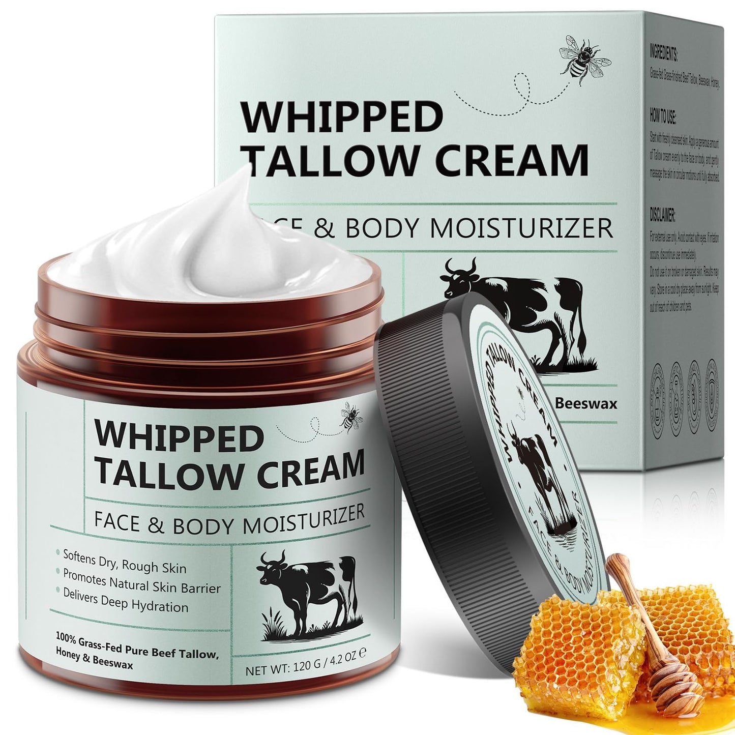 Jiugonggang Beef Tallow for Skin, Whipped Tallow and Honey Balm, Organic Tallow Face Moisturizer, Natural Lotion Whipped Beef Tallow Cream for Face & Body Sensitive, Cracked, Dry, Itchy Skin, 4.2 OZ
