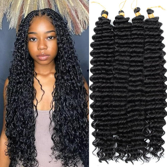Deep Wave Crochet Hair 20 Inch 4 packs Long Curly Braiding Hair Extensions Ocean Wave Crochet Hair For Black Women Synthetic Ocean Wave Curly Crochet Hair For Boho Box Braids (1B, 20inch, 4pack)