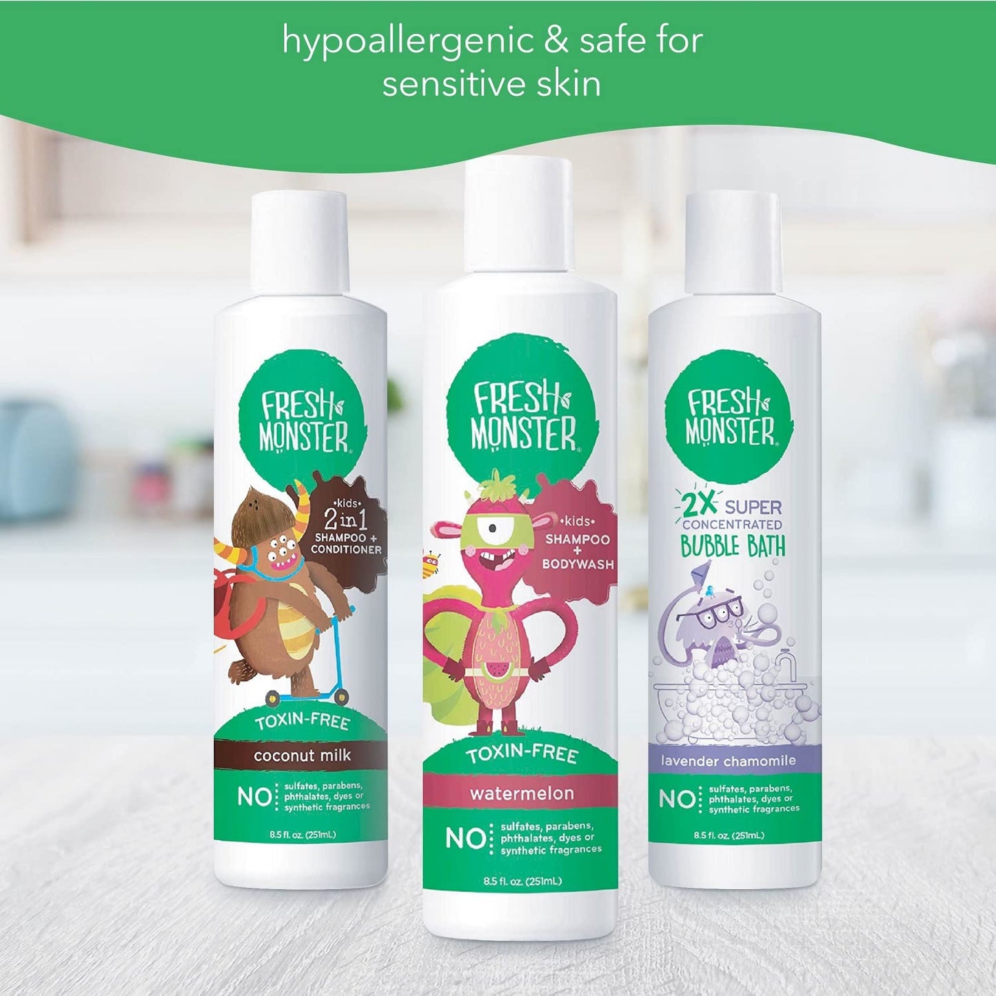 Fresh Monster Kids Bath Gift Set - Natural Shampoo, Conditioner, Body Wash & Bubble Bath (8.5 oz)