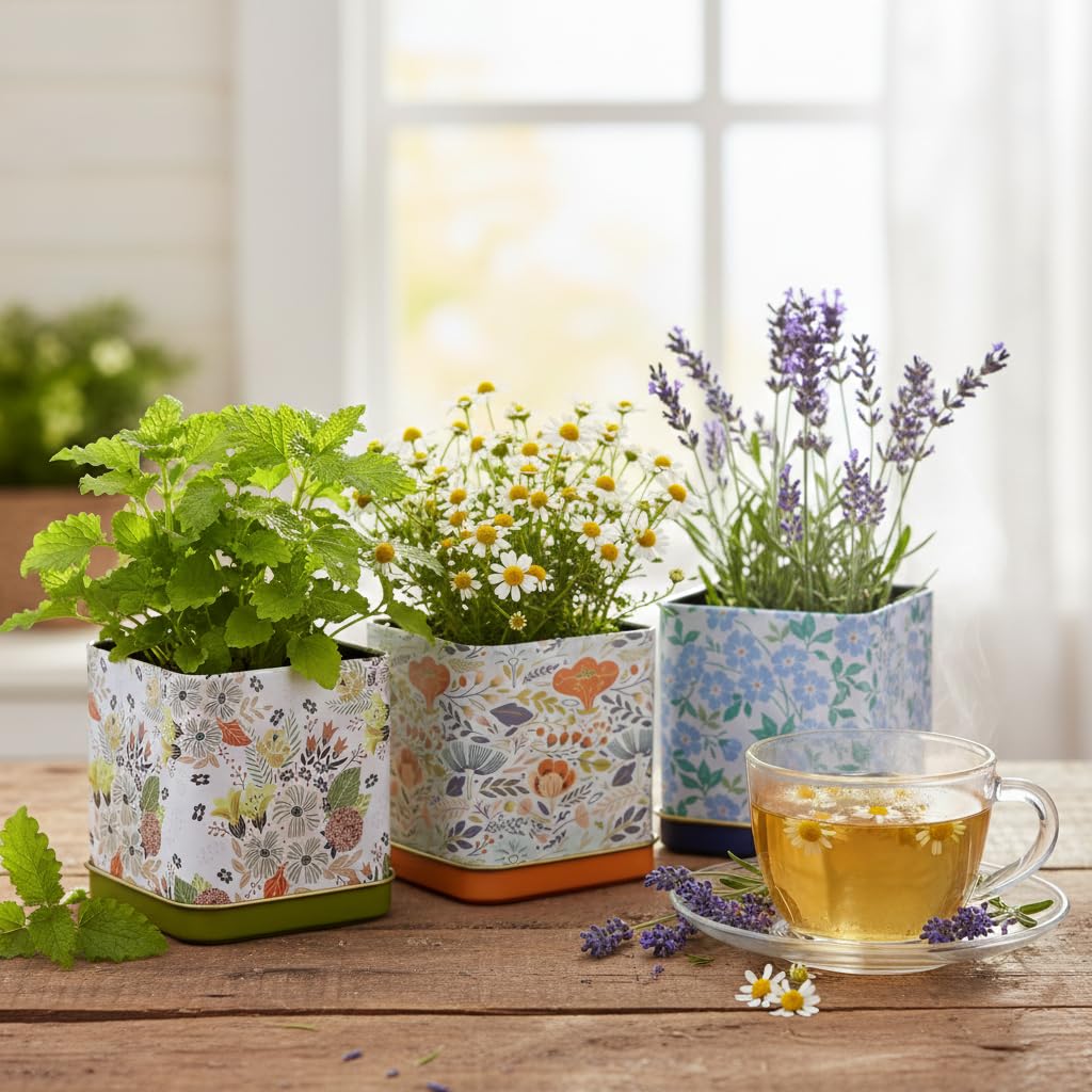 Buzzy Seeds Herbal Tea Garden Grow Kit 3-Pack - Metal Windowsill Planter - Complete Indoor/Outdoor Gardening Kit with Seeds, Coconut Husk Growing Medium & Genuine Pots - 100% Grow Guarantee