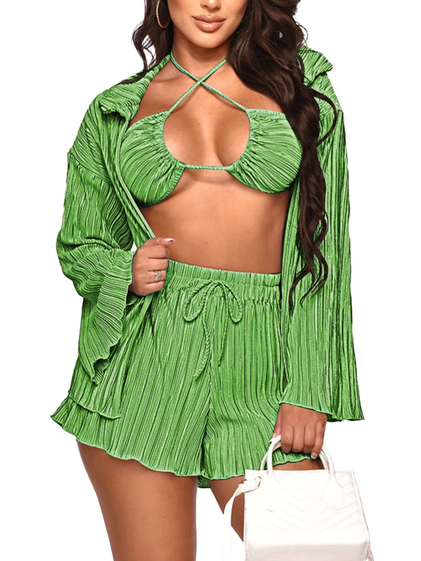 LYANER Women's Sexy Bikini Set Halter Cutout 3 Pieces Swimsuit Bathing Suits Pure Green Medium