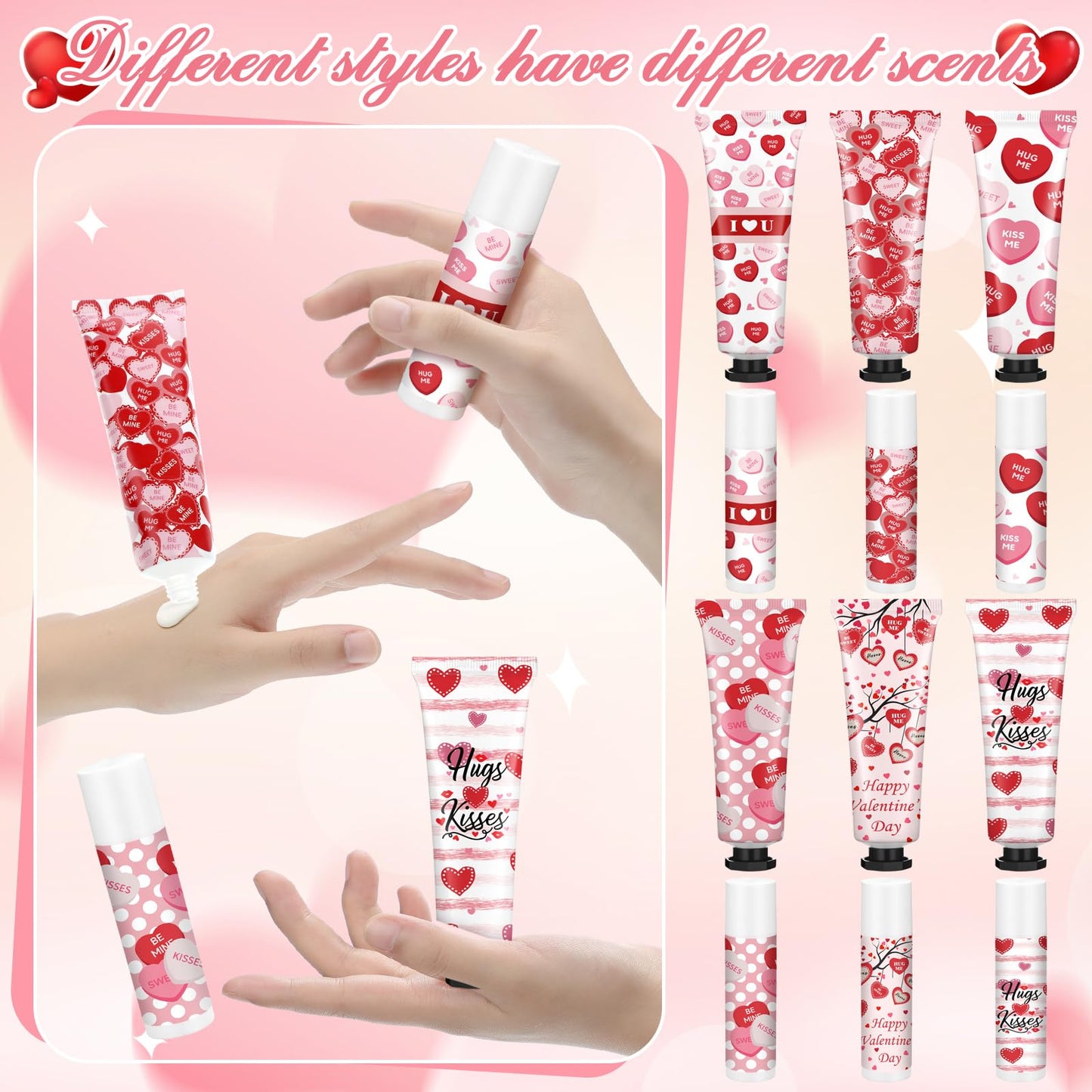 Demissle 6 Sets Bulk Hand Cream & Lip Balm Party Favors for Women – Red Heart Candy Moisturizing Hand Lotion Set, Mother's Day Basket Stuffers Gifts, Teacher & Coworker Appreciation Goodie Bags