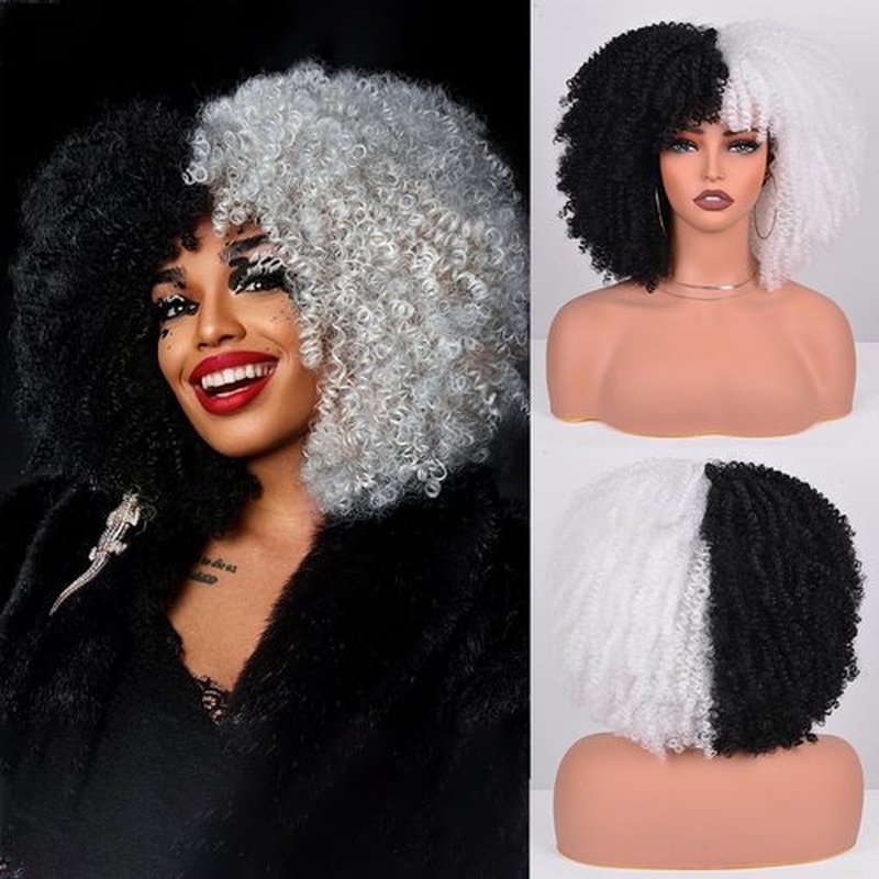 Kinky Curly Wigs with Bangs for Black Women about 280g/Piece Afro Bomb Kinky Curly Wig Heat Resistant Fluffy and Soft Synthetic Hair Wig 12 Inches (Black and White)