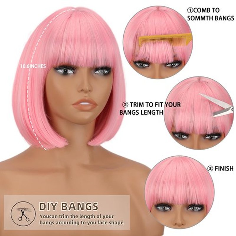 WERD Short Pink Bob Wig for Women Light Pink Wig with Bangs Synthetic Hair Straight Pink Bob Wig for Daily Party Cosplay