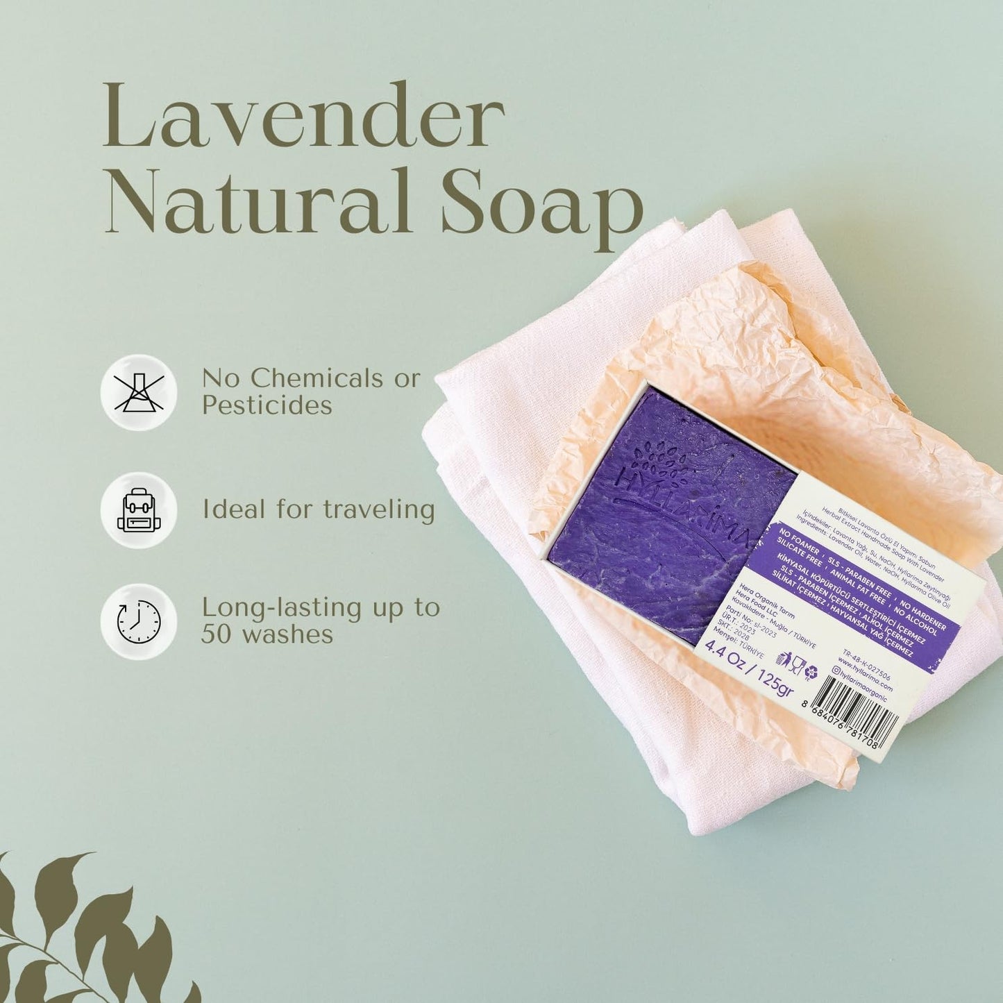 Hyllarima Lavender Soap | 125g (4.4 oz) | 100% Natural Handmade Soap Bar | Herbal Face & Body Cleanser (1 Pack)