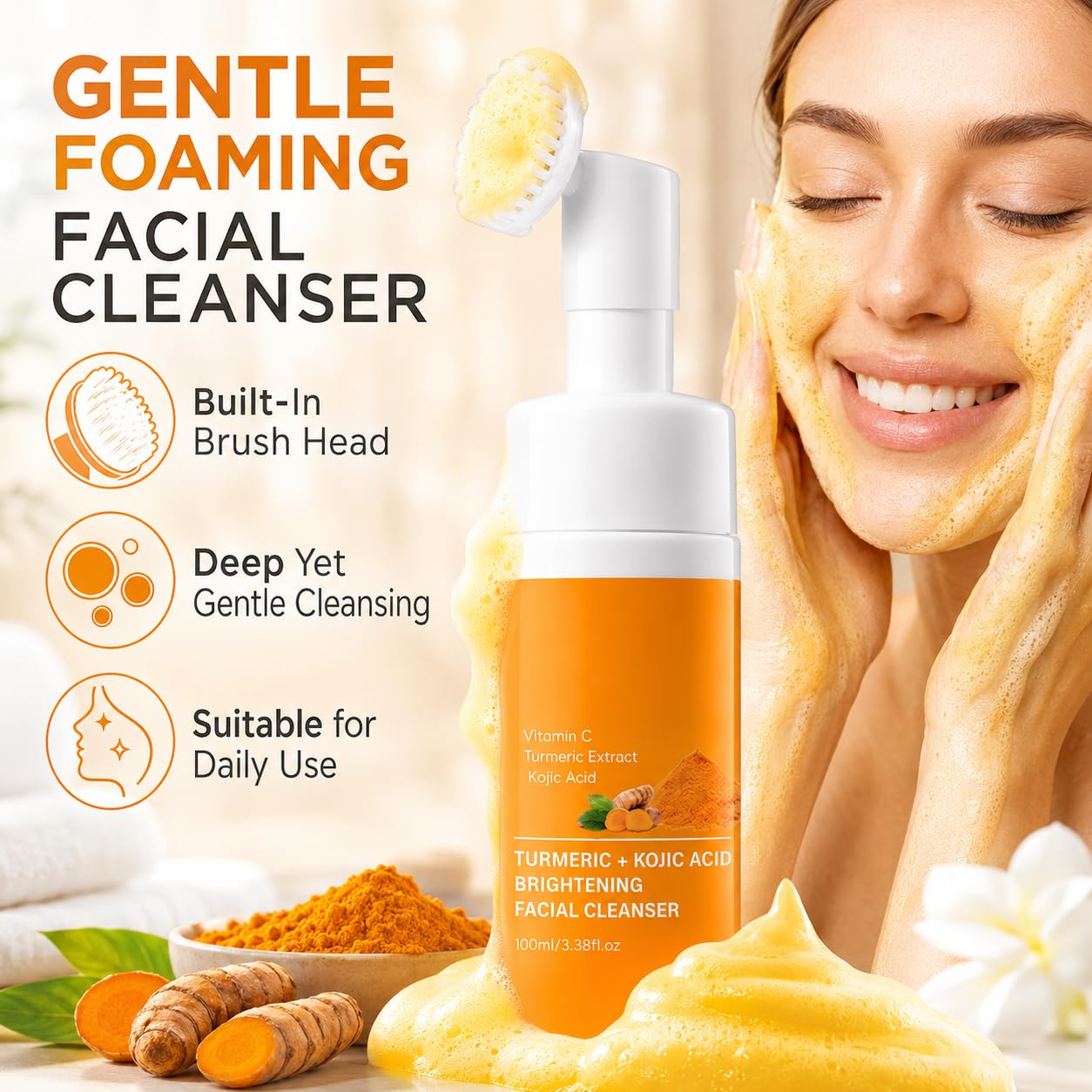 Turmeric Skincare Set with Face Wash, Cream, Soap Bar, Bubble Net, Facial Cleanser for All Skin Types, Soothing Hydrating Formula