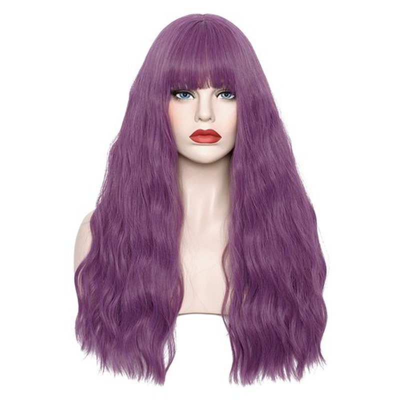 WGPFWIG Women's Taro Purple Wig 22''Long Curly Wavy Wig Shoulder Length Flat Bangs Wig For Women Girl Cosplay Party Halloween Wig Cap Included (22''Taro Purple)