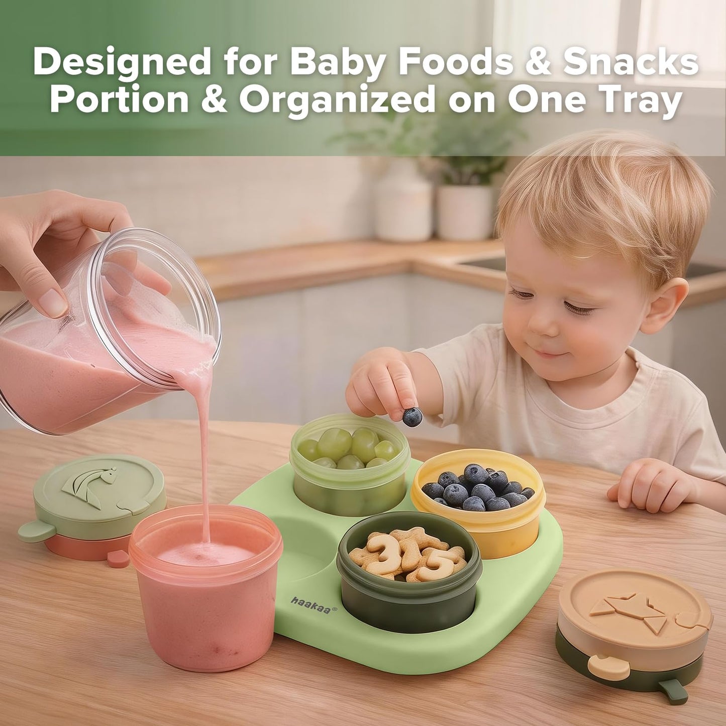 Haakaa Silicone Baby Food Containers, 4oz/120ml Baby Food Jars with Leakproof Animal Lids and Tray, Freezer-Safe Storage for Homemade Purees, Snacks & Meal Prep, 4 Pack, Spring Green Tray