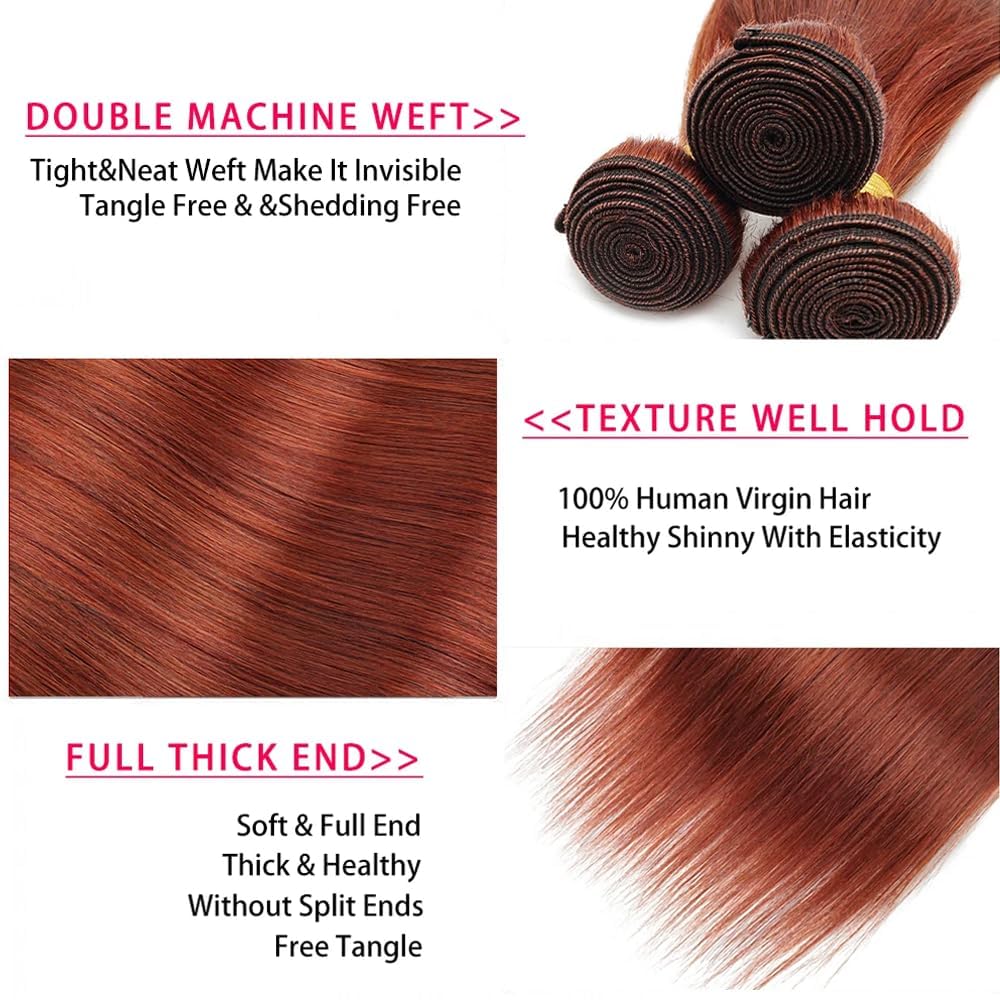 Color #33 Straight Bundles Human Hair Copper Red Human Hair Bundles 12 14 16 Inch 8A Peruvian Virgin Remy Hair 3 Bundles Reddish Brown Straight Bundles Hair Weave for Women