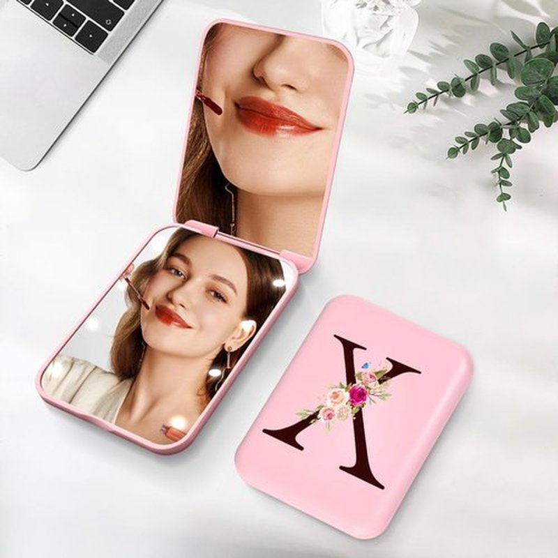 KEWWADB Travel Mirror with Lights, Initials Portable Compact Mirror, Travel Essentials, Suitable for Teen Girls, Young Women Gifts Ideas, Birthdays Gifts(Pink) (X)
