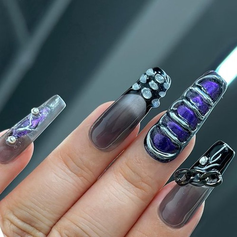 Ricefod Press on False Nails Handmade Black Silver Fake Nails with Snake Pattern Design 10 Pcs Reusable Luxury Nails Press on Nails Coffin Cool Style (Size:Small)