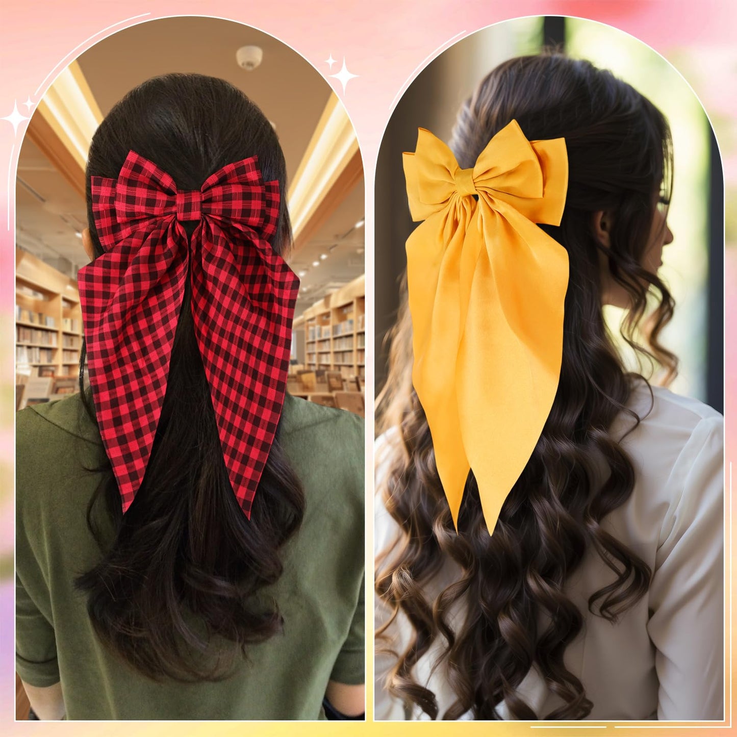 Hoteam 16 Pcs Silky Satin Hair Bows Bulk for Women Large Hair Ribbons Oversized Bows Oversized Long Tail Large Bow-knot Clips Accessories Gifts(Plaid)