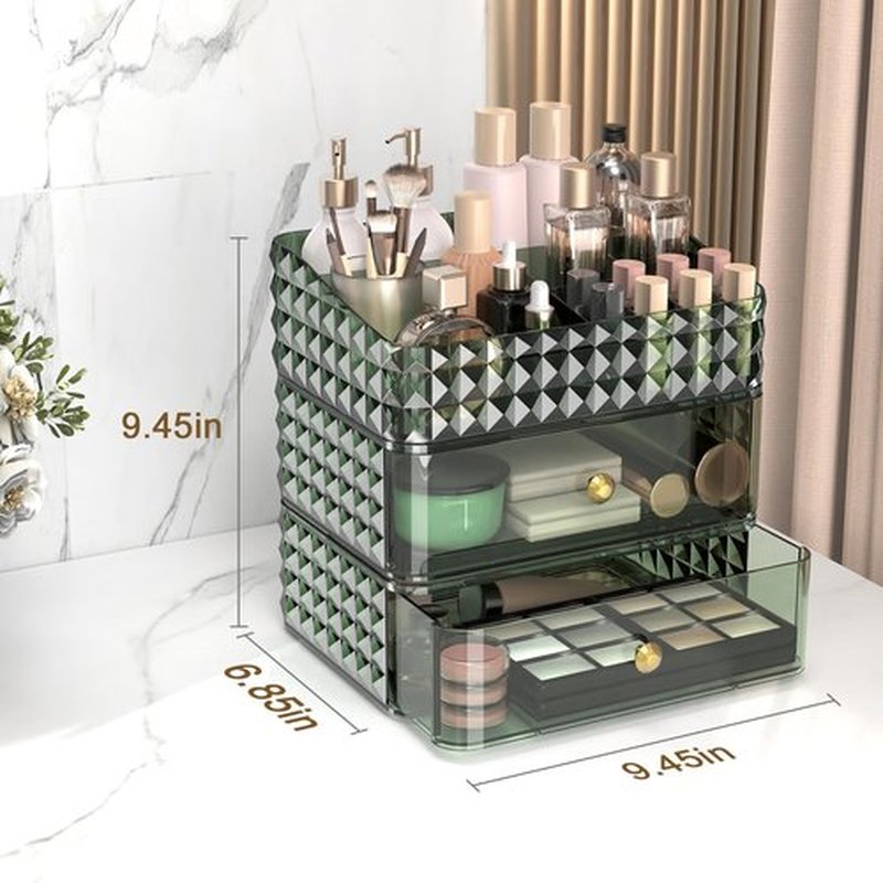 Rosoenvi Makeup Organizer for Vanity, Stackable Cosmetics Organizer and Storage, Cosmetic Display Cases with 2 Drawers and 1 Tray for Makeup Brush, Hair Accessories, Lipstick and Jewelry, Green