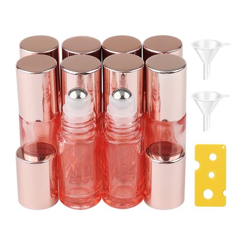 Newzoll 10 Pcs Roll-on Bottles Set, 5 ml (1/6 oz) Refillable Roller Bottles with Funnels & Opener, Glass Roll on Bottles Containers for Perfumes Aromatherapy Essential Oils Liquid, Rose Gold