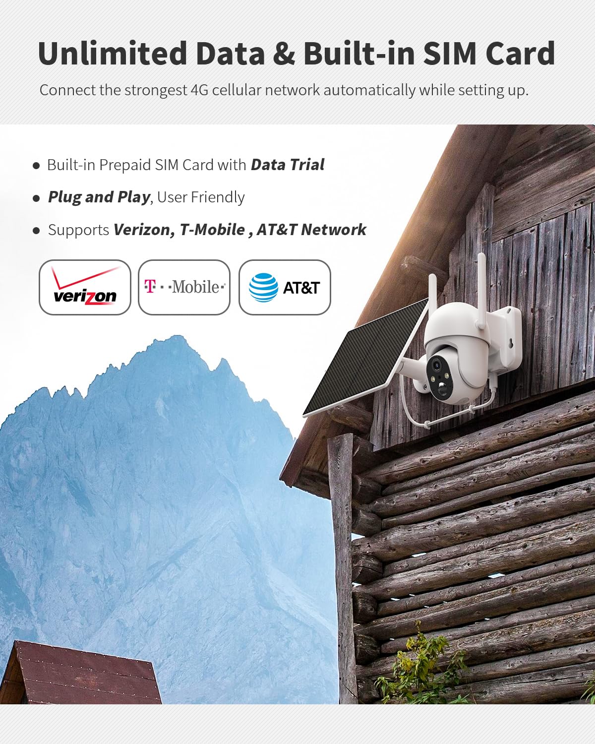 Ebitcam 4G LTE Cellular Security Camera Includes SIM Card(Support Verizon/AT&T/T-Mobile), 2K Solar Outdoor Cam Wireless Without WiFi Needed, 360° Live View, Color Night Vision