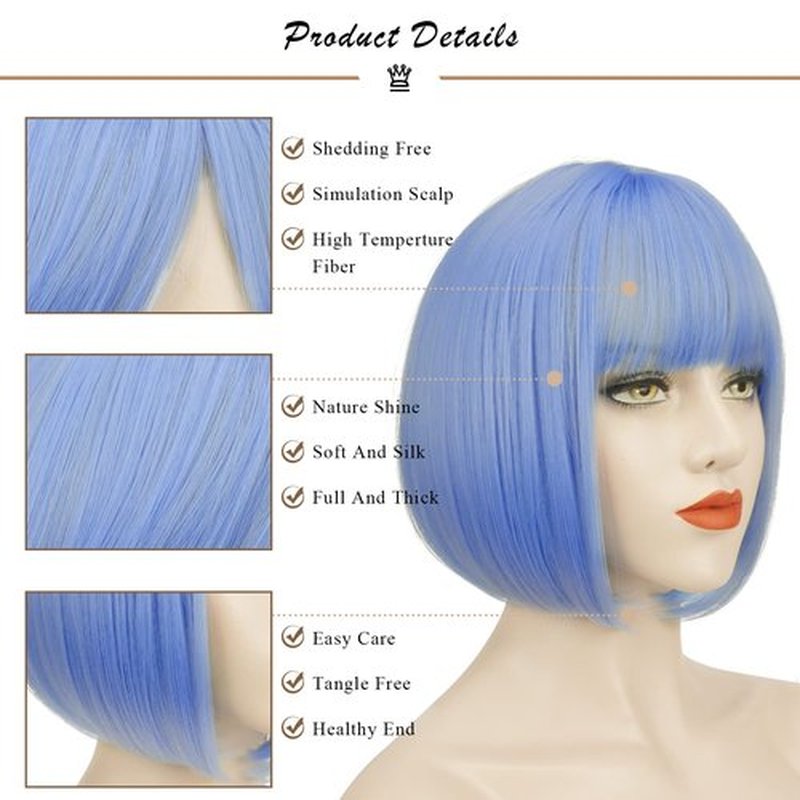 SOFEIYAN Short Straight Bob Wigs with Bangs 11 inch Synthetic Daily Party Cosplay Hair Wig for Black Women, Blue