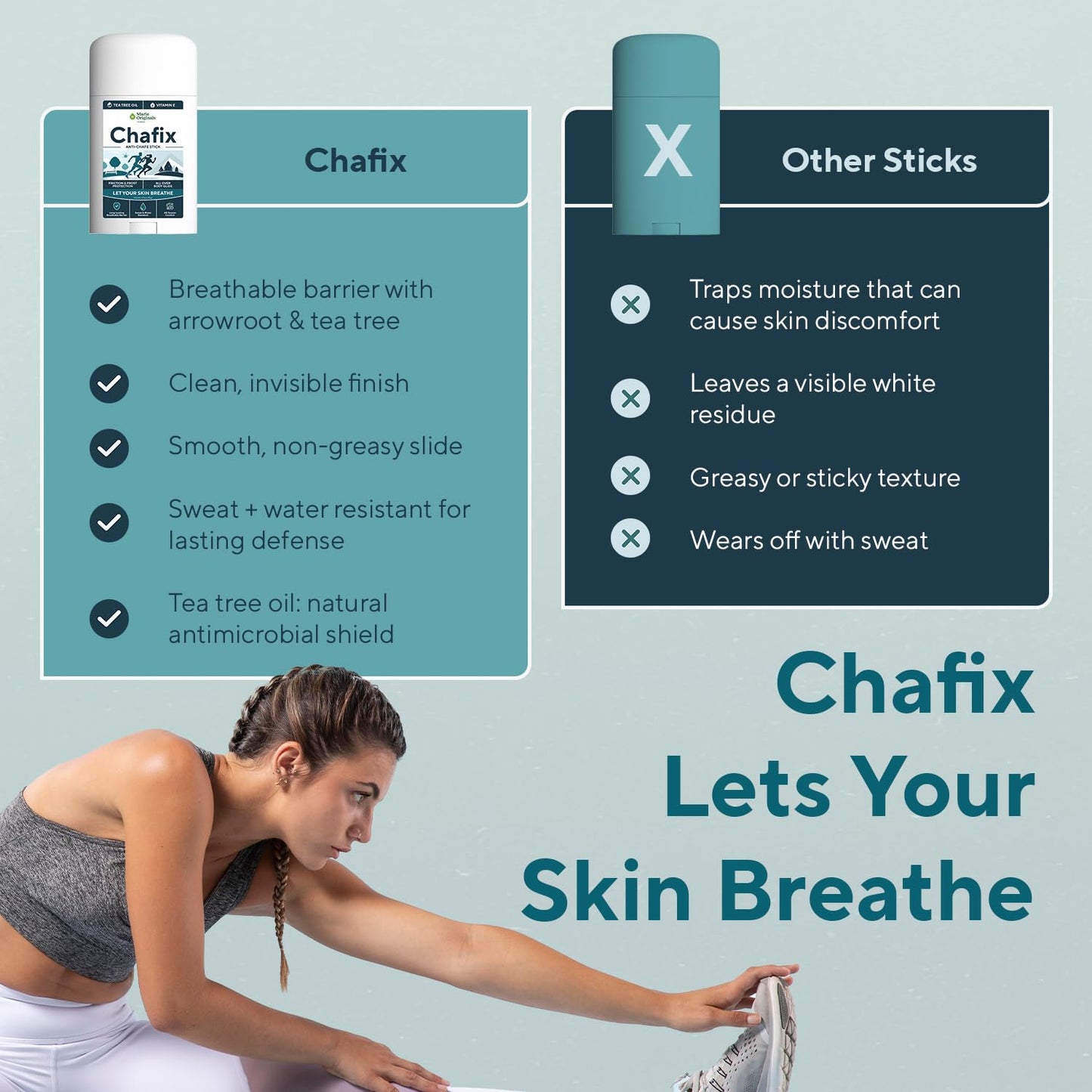 Marie Originals Chafix Anti Chafing Stick – 2 Pack | Plant-Based Anti Chafe Stick with Shea Butter, Arrowroot & Tea Tree | Sweat & Water Resistant, No White Residue, Non Greasy Thigh Rub Protection