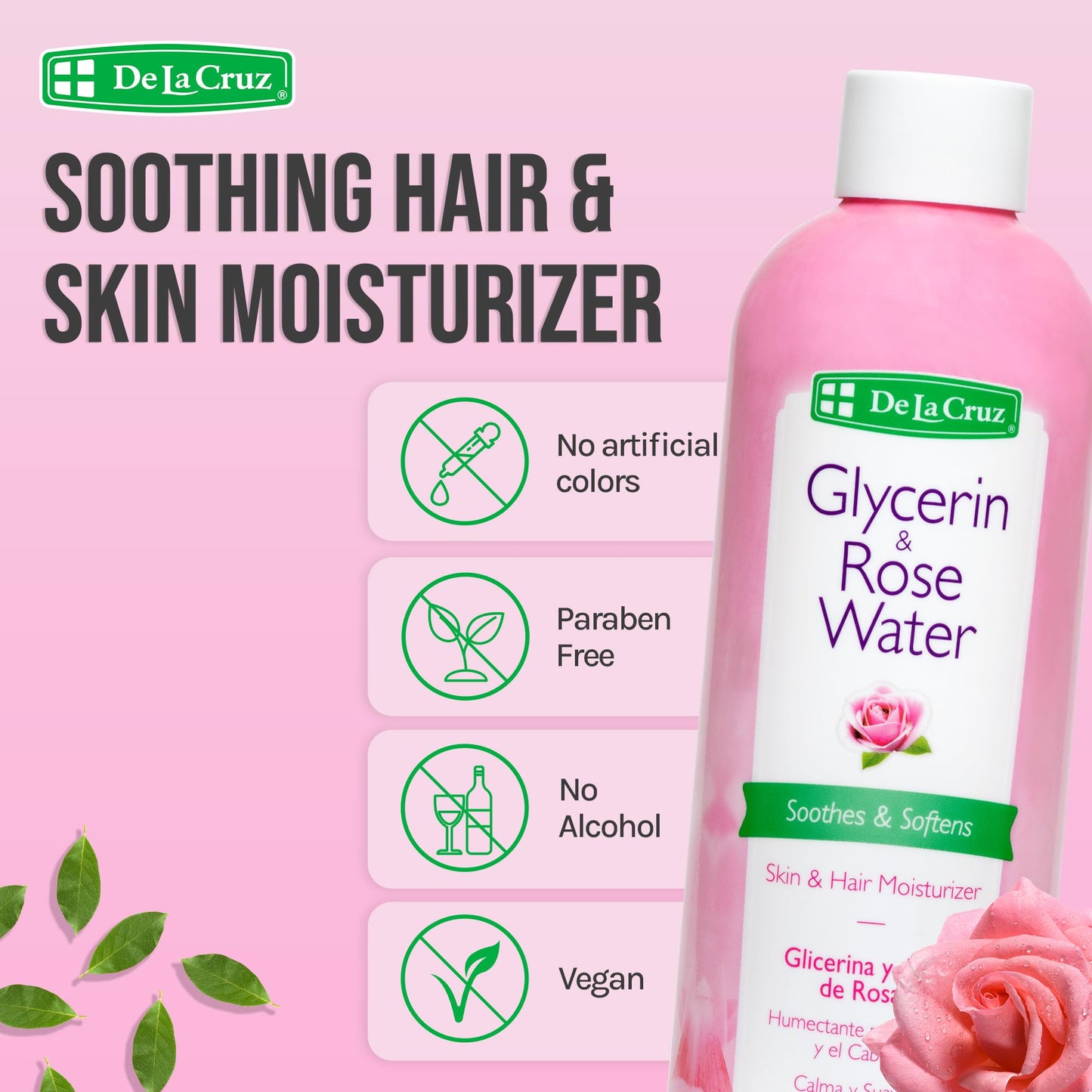 De La Cruz Rose Water and Glycerin for Face - Rosewater Facial Toner and Moisturizer for Skin and Hair 8 fl oz (236 mL) - 3 Bottles