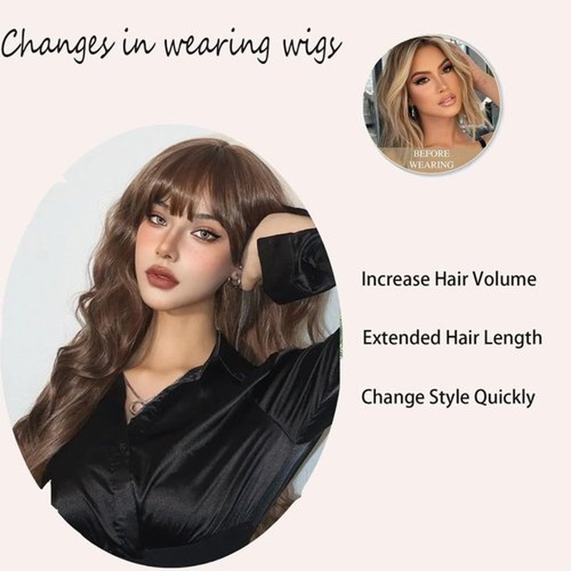 Brown Wig with Bangs 26 Inches Long Wavy Curly Wig for Women Brown Mixed Blonde Highlight Wig with Dark Roots Ombre Natural Curly Resistant Fiber Wigs Synthetic Wigs for White Women Wigs with Bangs