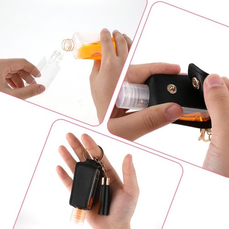 Molain 2 Pcs Hand Sanitizer Keychain 30ml Portable Leather Hand Sanitizer Holder Leakproof Empty Bottles Hand Sanitizer Travel Holder Bottle Refillable for Lotion Liquid Soap Shampoo(Pink,Black)