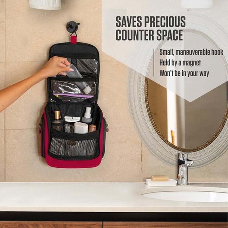 VENTURE 4TH Hanging Travel Toiletry Bag for Women & Men - Travel Organizer with Expandable Compartments & Removable Clear Pouch for Toiletries (Red)