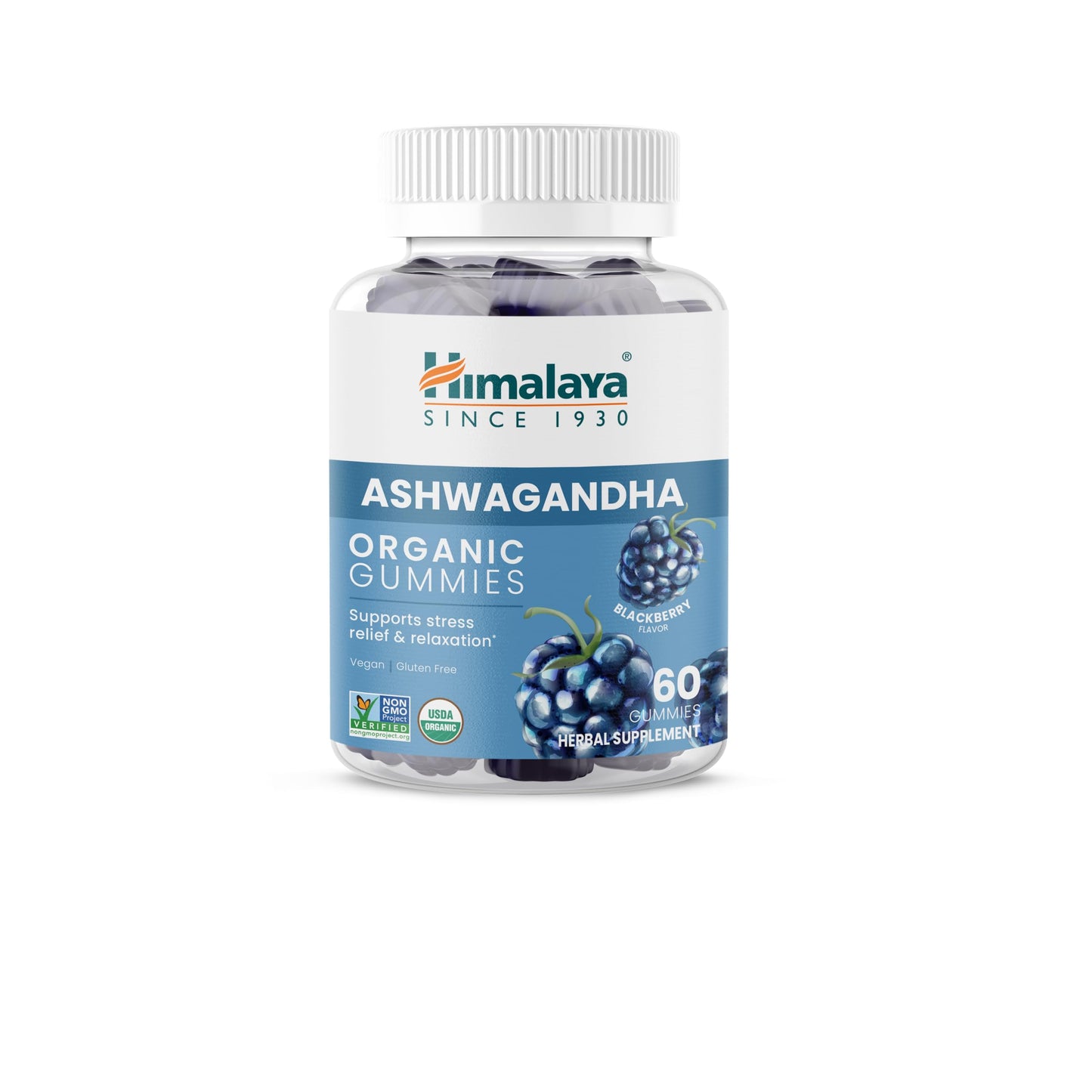 Himalaya KSM-66 Organic Ashwagandha Gummies, Ashwagandha Supplements to Help with Stress Relief, Energy and Relaxation, Ashwagandha Gummies for Women and Men, Delicious BlackBerry Flavor, 60 Gummies