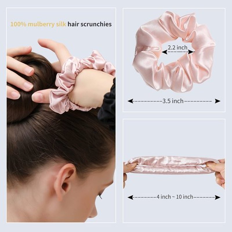 ZIMASILK 100% Mulberry Silk Hair Scrunchies, Best For Women And Girls’ Hair 19 Momme Elastic Hair Bands for Ponytail Holder Gentle And No hurt (2 Pack, Black)