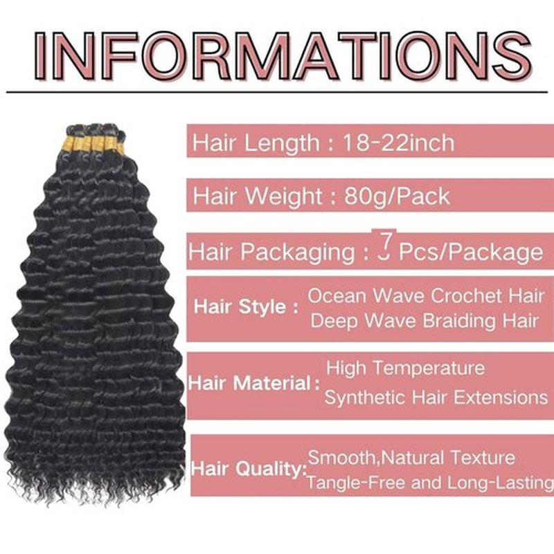 Ocean Wave Crochet Hair 18 inch 7packs Deep Wave Crochet Hair Synthetic Wave Curly Braiding Hair Extensions Ocean Wave Braiding Hair for Black Women (18inch, 1B)