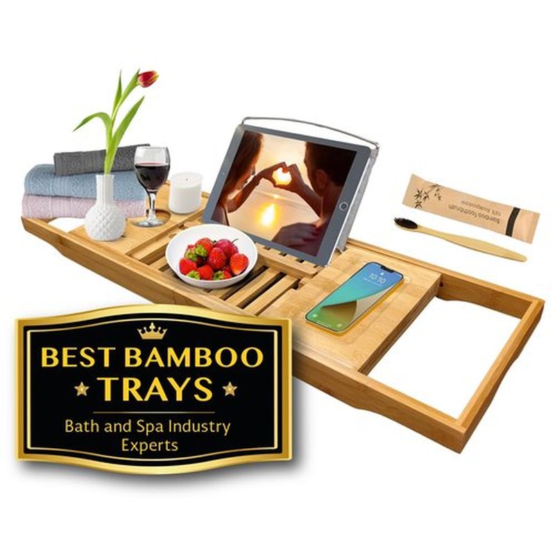 Nature Gear Bamboo Bathtub Tray, Waterproof & Durable Wooden Bath Tray Table for Tub, Extendable Reading Caddy with Phone & Tablet Holder, Easy-to-Adjust Bamboo Trays for Bathroom, Premium Bamboo