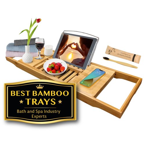 Nature Gear Bamboo Bathtub Tray, Waterproof & Durable Wooden Bath Tray Table for Tub, Extendable Reading Caddy with Phone & Tablet Holder, Easy-to-Adjust Bamboo Trays for Bathroom, Premium Bamboo
