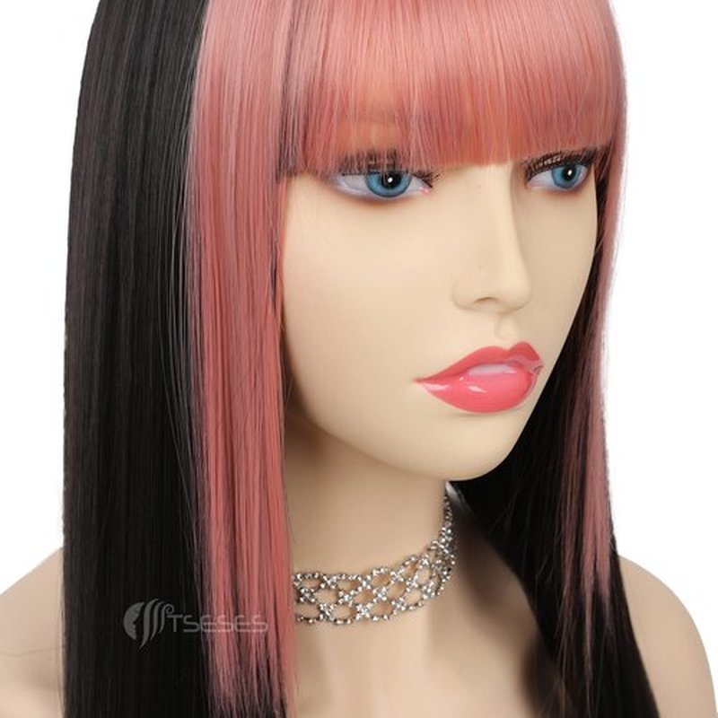 Tseses Pink and Black Long Straight Wigs with Bangs for Women Two Tone Synthetic Wig for Daily Cosplay Halloween Party Use