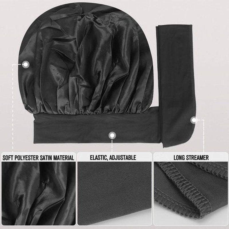 Arqumi Pack of 2 Satin Sleeping Bonnet, Large Satin Sleep Bonnet with Long Strap, Adjustable Sleep Cap Hair Bonnet for Women & Men, Black+Pink