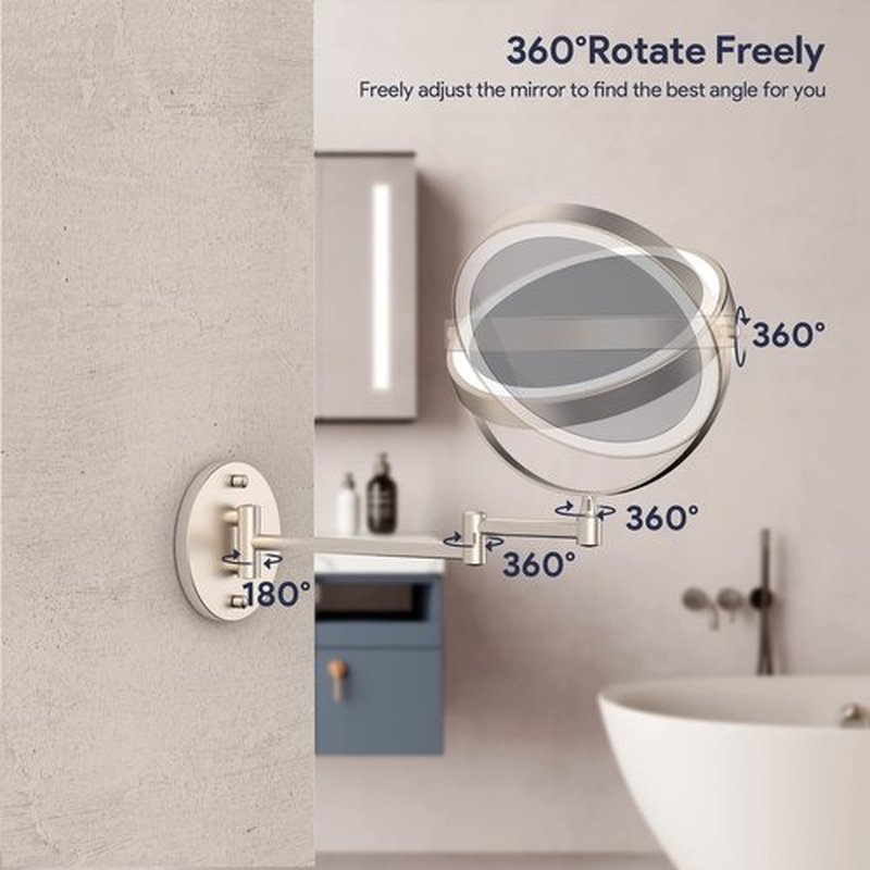 Rocollos Rechargeable Wall Mounted Lighted Makeup Mirror, 8 Inch Double-Sided LED Vanity Mirror 1X/10X Magnification,3 Color Lights Touch Screen Dimmable 360°Swivel 13 Inch Extendable