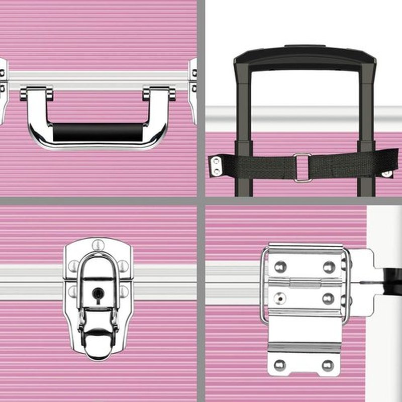OUDMAY Makeup Train Case 4 in 1 Professional Cosmetics Rolling Organizer Aluminum Frame and Folding Trays Pink