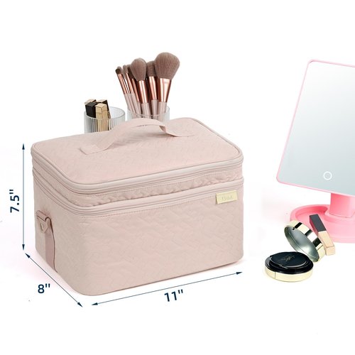 NISHEL Extra Large Double Layer Travel Makeup Bag Women, Cosmetic Organizer Case, Travel Essentials Accessories with Shoulder Strap for Bottles, Brushes, Conditioner, Skin Care Products, Pink