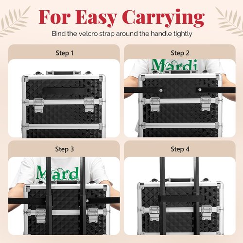 mefeir 4-in-1 Rolling Makeup Train Case Lift Handle,4 Removable Wheels Lockable Keys,Aluminum Cosmetic Trolley Beauty Stylist Artist Organizer Box,Ideal Xmas New Year Gift (Diamond Black)
