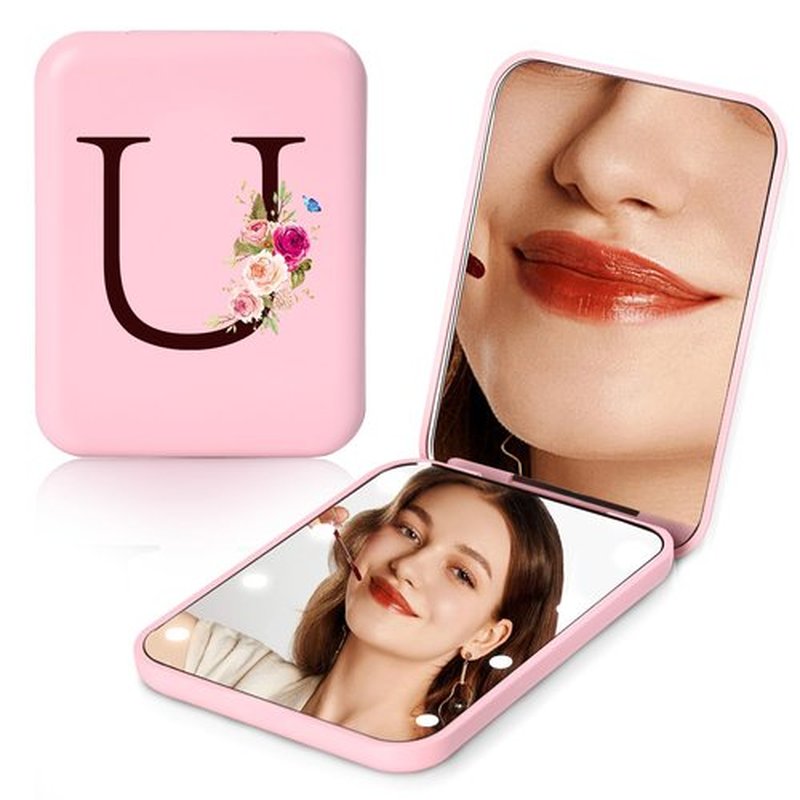 KEWWADB Travel Mirror with Lights, Initials Portable Compact Mirror, Travel Essentials, Suitable for Teen Girls, Young Women Gifts Ideas, Birthdays Gifts(Pink) (U)