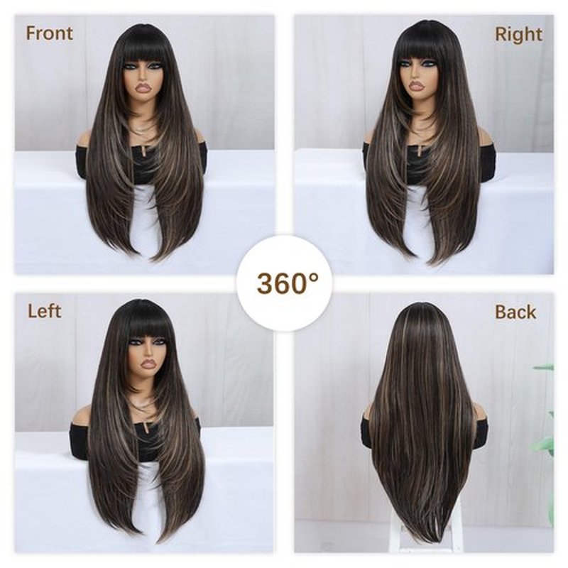 meiliprotea Highlight Brown Long Straight Layered Wig with Bangs Mixed Brown Wear and Go Glueless Wig 30 Inch Long Straight Synthetic Wig for Women Daily Use