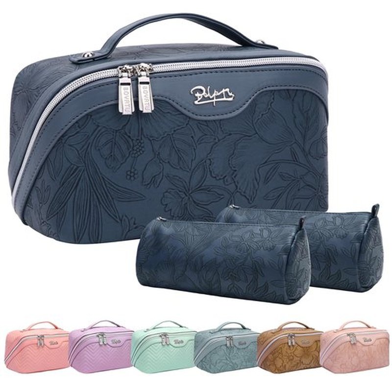 Travel Makeup Bags Cosmetic Organizer Bag: 3-Set Large Capacity Make up Bag - PU Leather Toiletry Bag for Women - Wide Open Portable Pouch with Divider & Handle (02-Dark Blue)