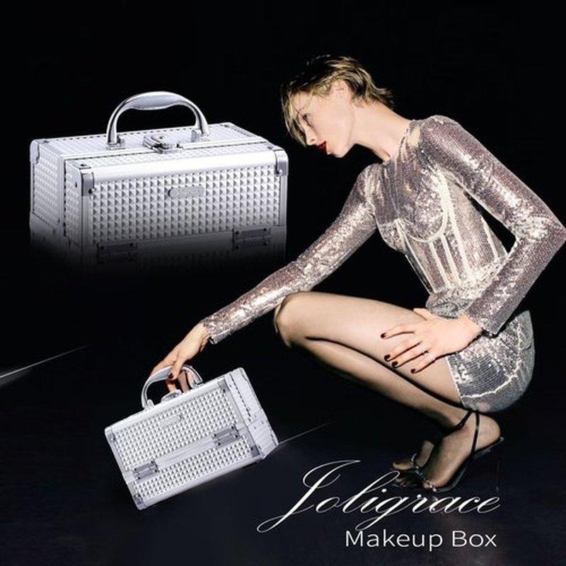 Joligrace Makeup Box Cosmetic Train Case Jewelry Organizer Lockable with Keys and Mirror 2-Tier Tray Portable Carrying with Handle Travel Storage (Classic Silver)